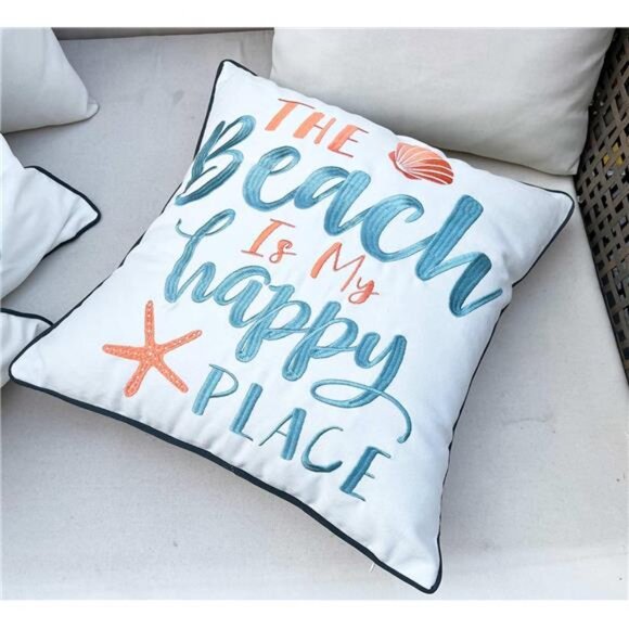 Embroidered The Beach is My Happy Place Throw Pillow Cover,Square 18 inches - Picture 11 of 14